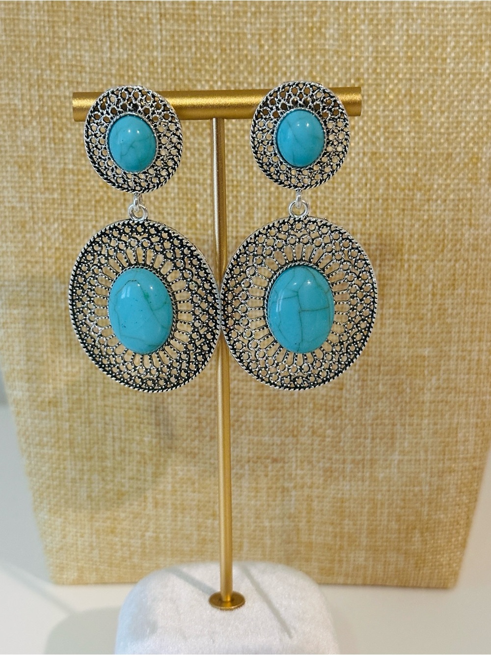 Fashion Jewelry Turquoise and Silver Filigree Drop Earrings - Women Jewelry